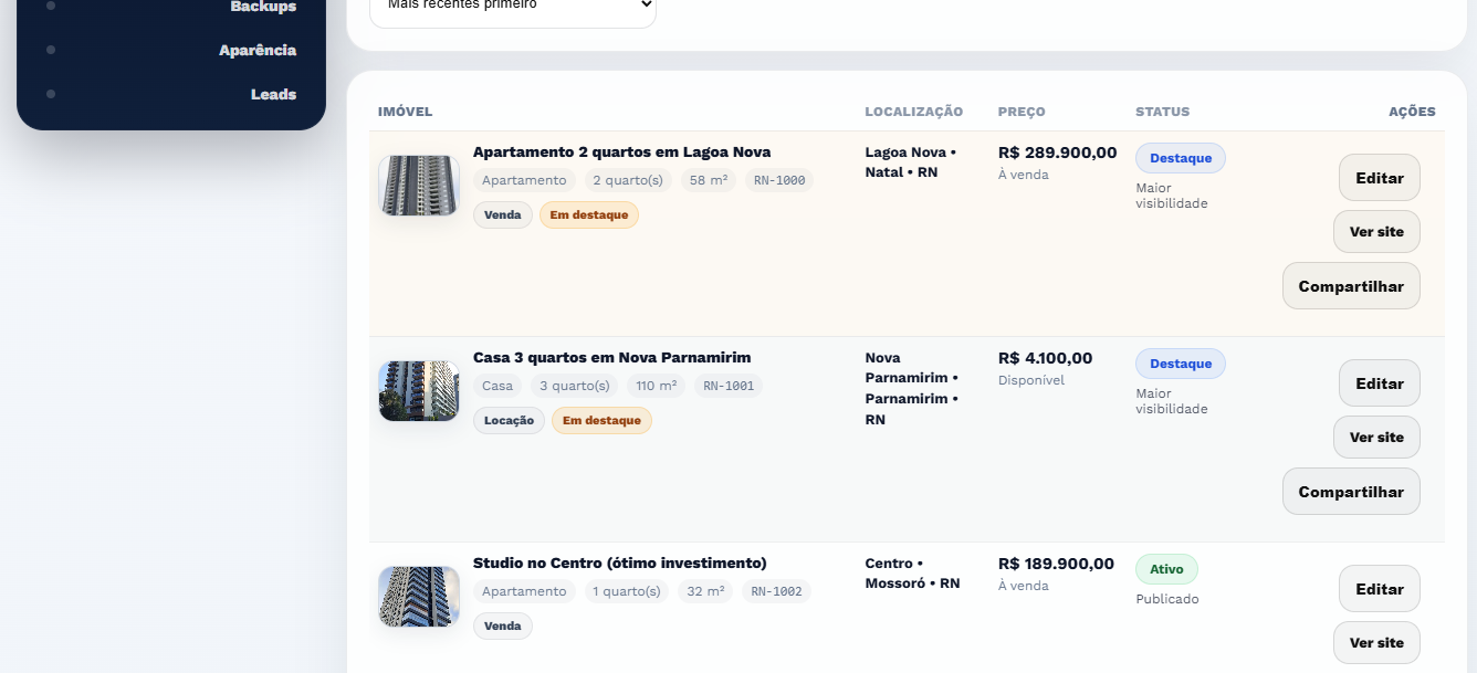 Lista de imóveis cadastrados com preço, localização e ações de edição