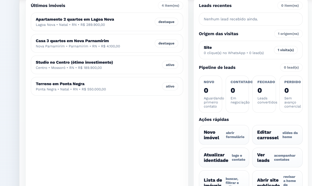 Área de leads recentes, origem das visitas e ações rápidas do painel