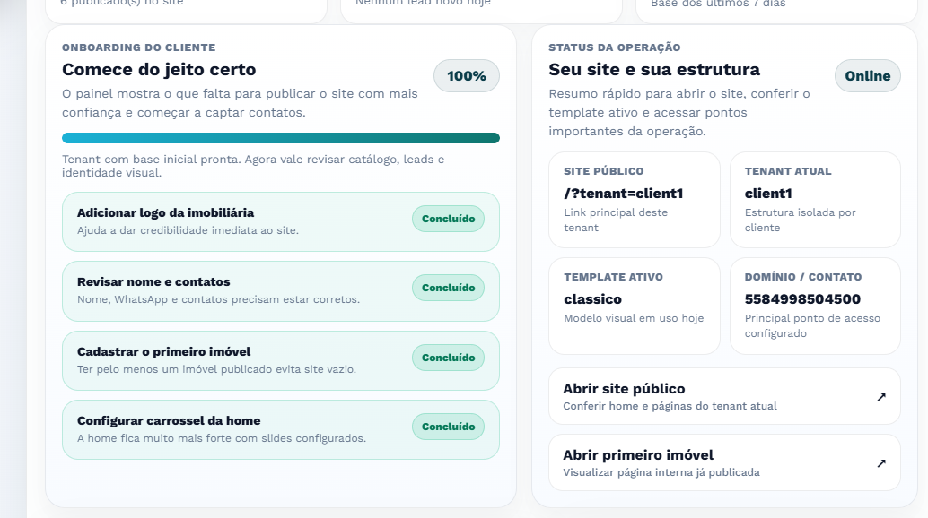 Bloco de onboarding com checklist do cliente e status da operação